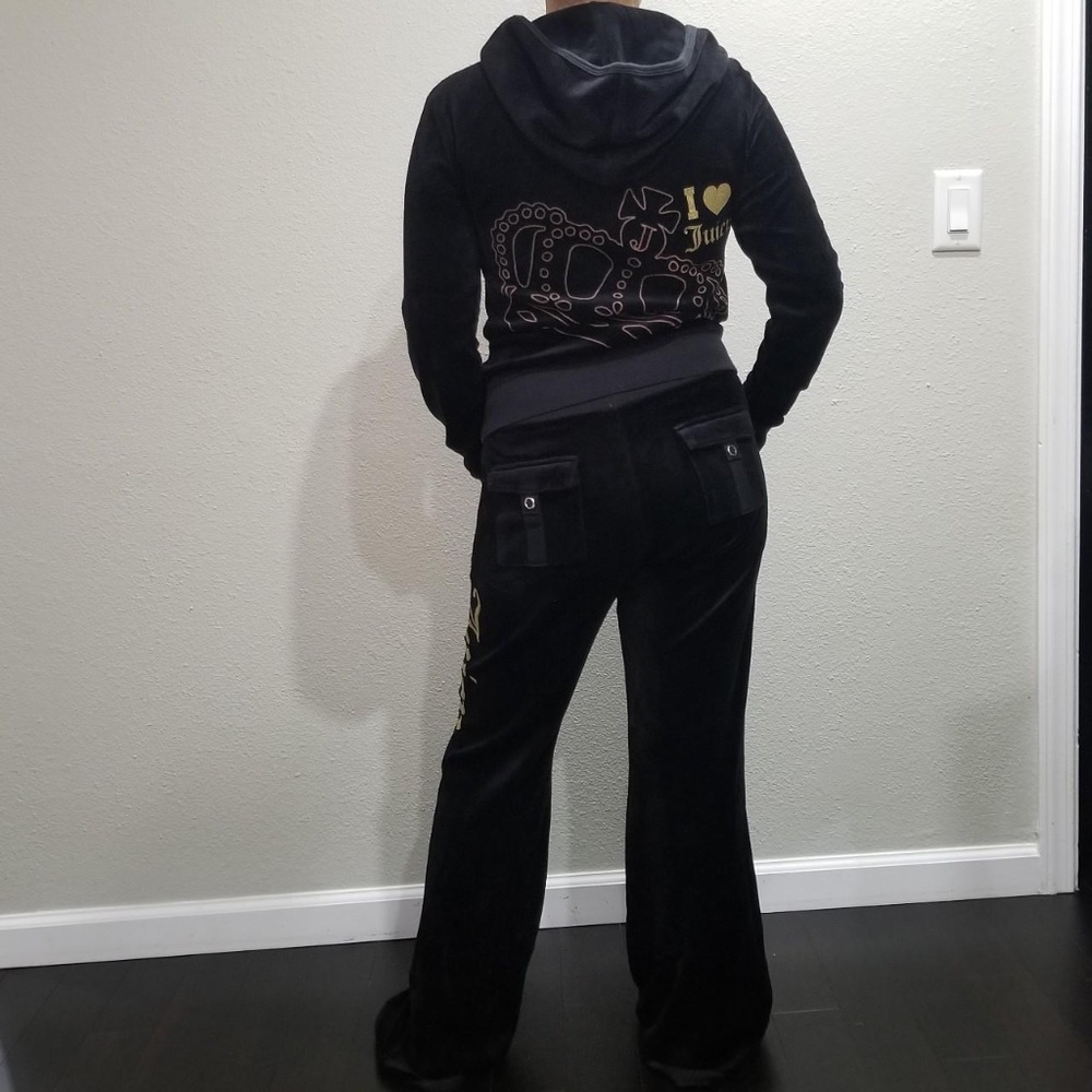 Juicy Couture TrackSuit Matching Set Black Velour Large Med Jacket Pants Pocket